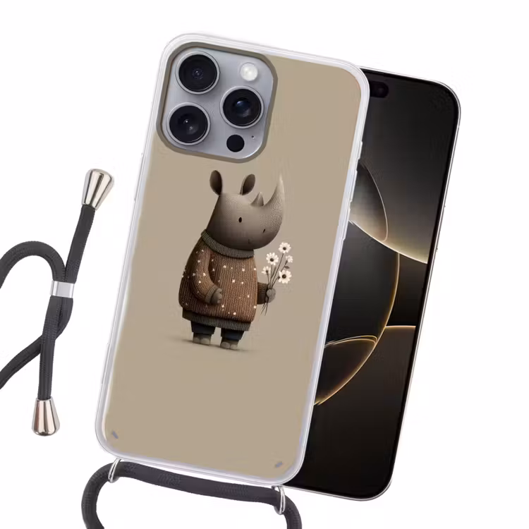 Neushoorn - Witte bloemen - Lief Hoesje iPhone 16 Pro Max met koord klein -sfeer1