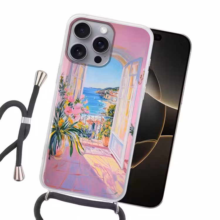 Roze - Buiten - Verf Hoesje iPhone 16 Pro Max met koord klein -sfeer1
