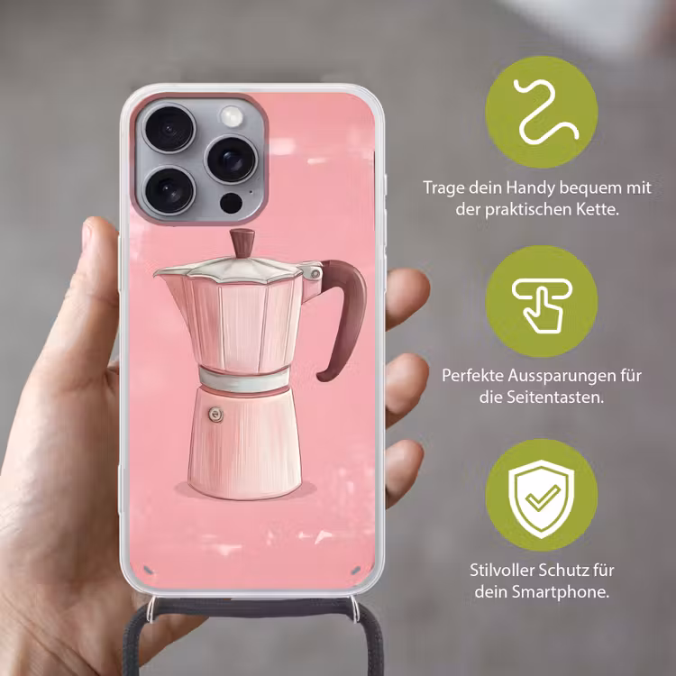Roze - Mokkapot - Illustratie - Koffie Hoesje iPhone 16 Pro Max met koord klein -sfeer2_DE
