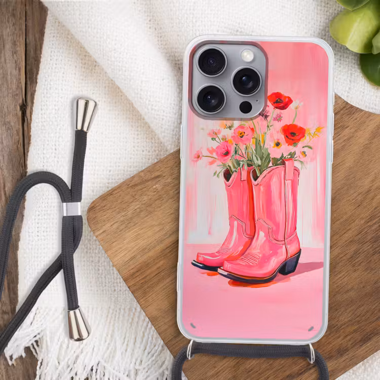 Roze - Bloemen - Cowboy Hoesje iPhone 16 Pro Max met koord klein -sfeer4
