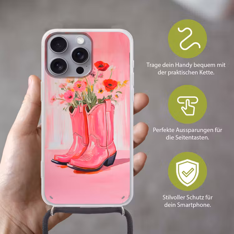 Roze - Bloemen - Cowboy Hoesje iPhone 16 Pro Max met koord klein -sfeer2_DE