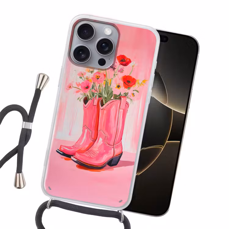 Roze - Bloemen - Cowboy Hoesje iPhone 16 Pro Max met koord klein -sfeer1