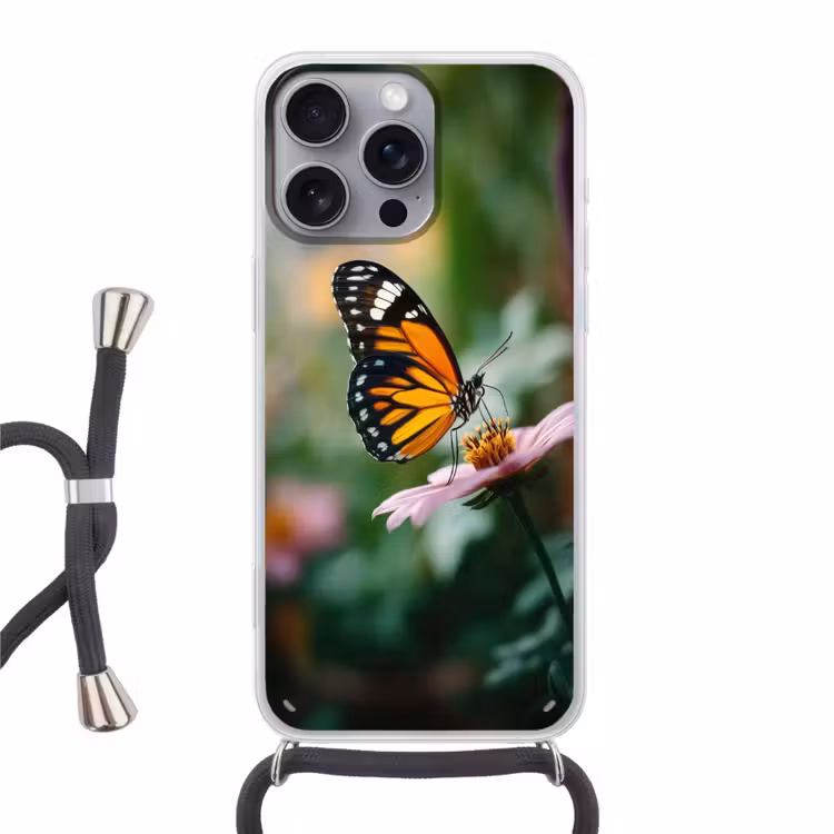 Roze bloemen - Vlinder - Zachte focus Hoesje iPhone 16 Pro Max met koord klein -3d