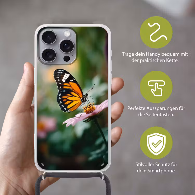 Roze bloemen - Vlinder - Zachte focus Hoesje iPhone 16 Pro Max met koord klein -sfeer2_DE