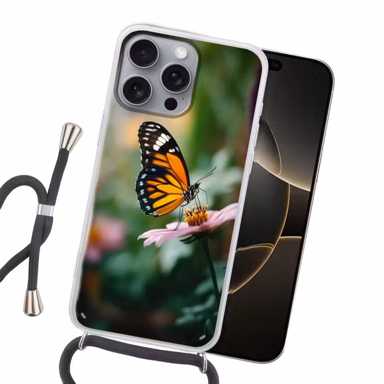 Roze bloemen - Vlinder - Zachte focus Hoesje iPhone 16 Pro Max met koord klein -sfeer1
