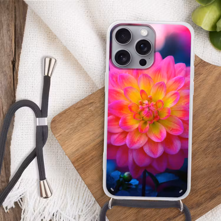Roze - Dahlia - Kleurrijk Hoesje iPhone 16 Pro Max met koord klein -sfeer4