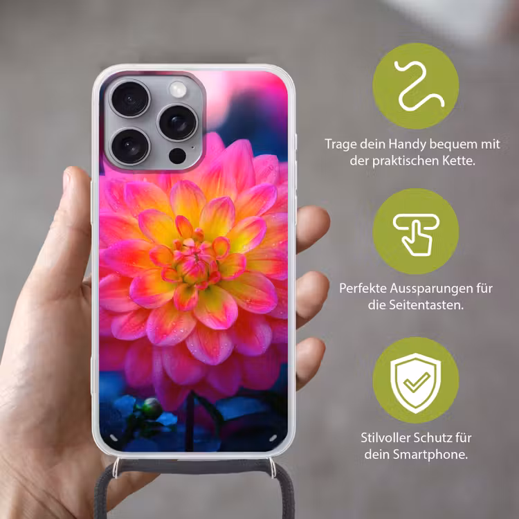 Roze - Dahlia - Kleurrijk Hoesje iPhone 16 Pro Max met koord klein -sfeer2_DE