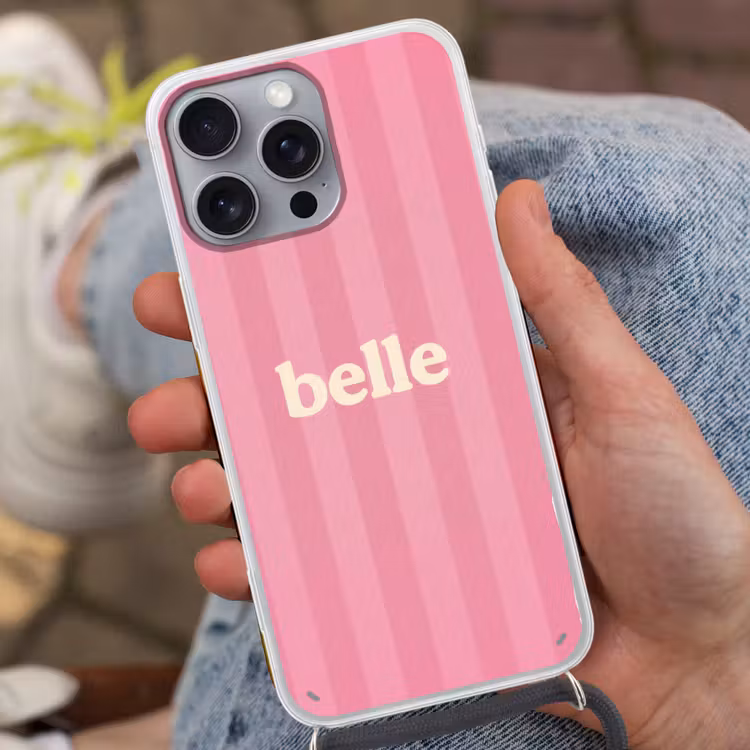 Roze - Gestreept - Belle Hoesje iPhone 16 Pro Max met koord klein -sfeer3