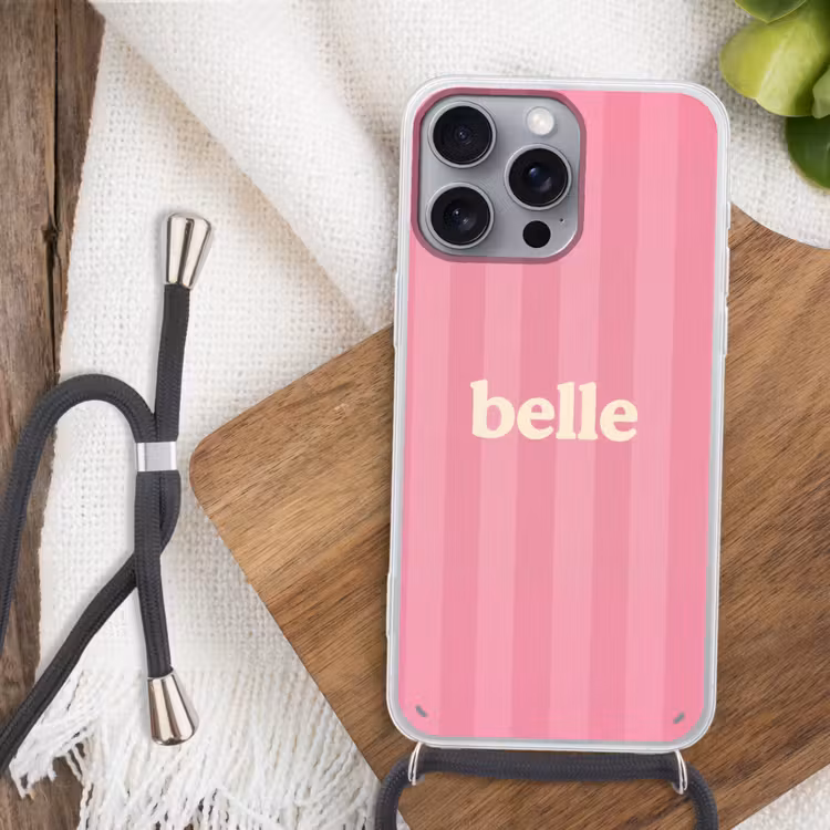 Roze - Gestreept - Belle Hoesje iPhone 16 Pro Max met koord klein -sfeer4