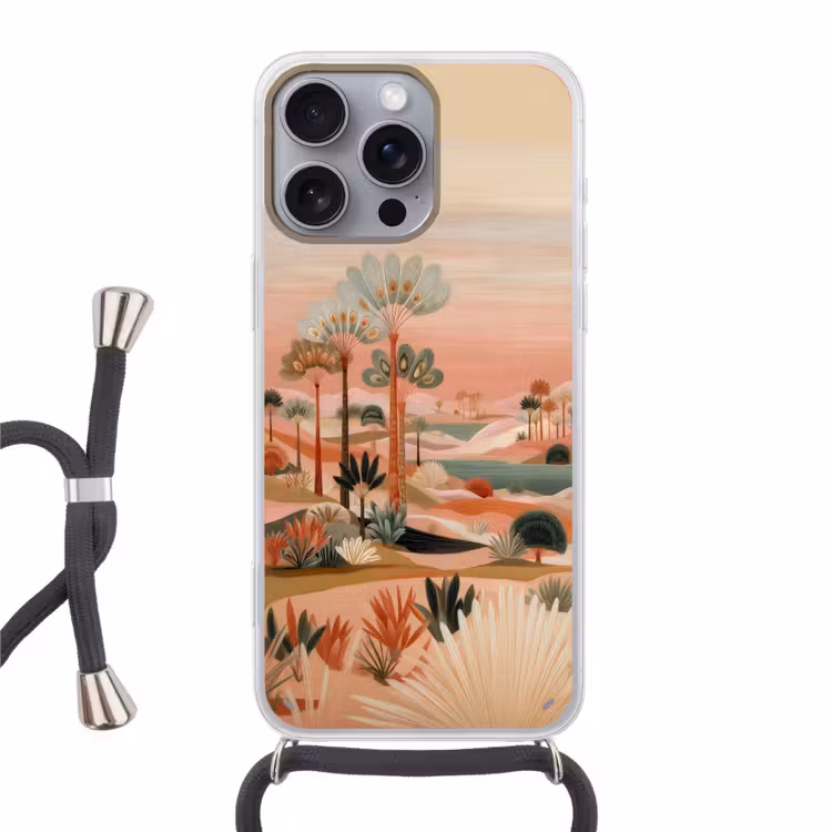 Roze landschap - Palmen - Water Hoesje iPhone 16 Pro Max met koord klein -3d