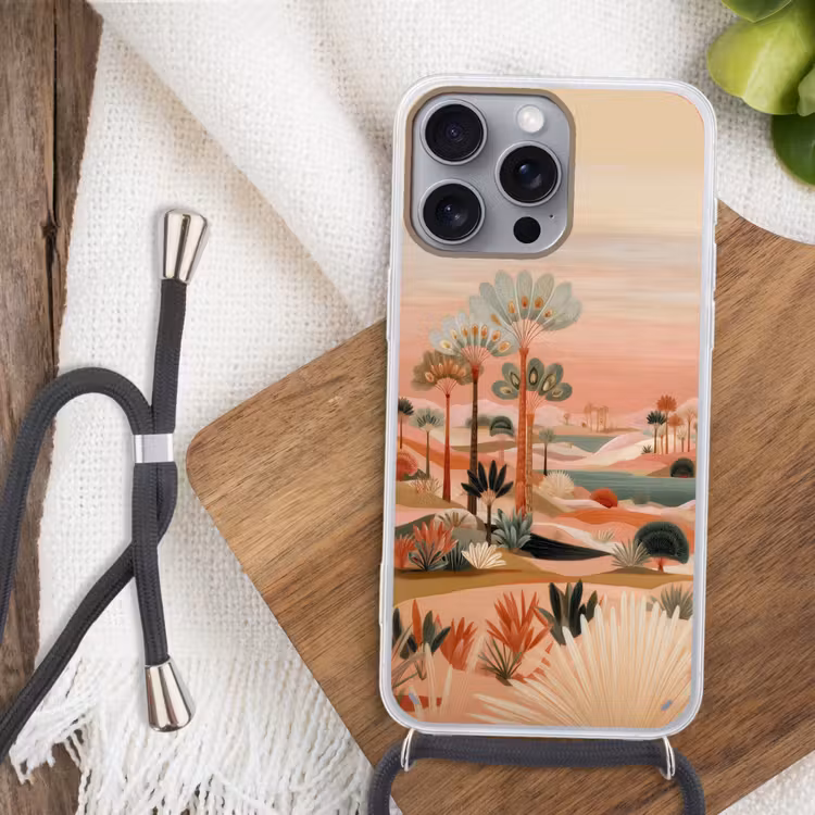 Roze landschap - Palmen - Water Hoesje iPhone 16 Pro Max met koord klein -sfeer4