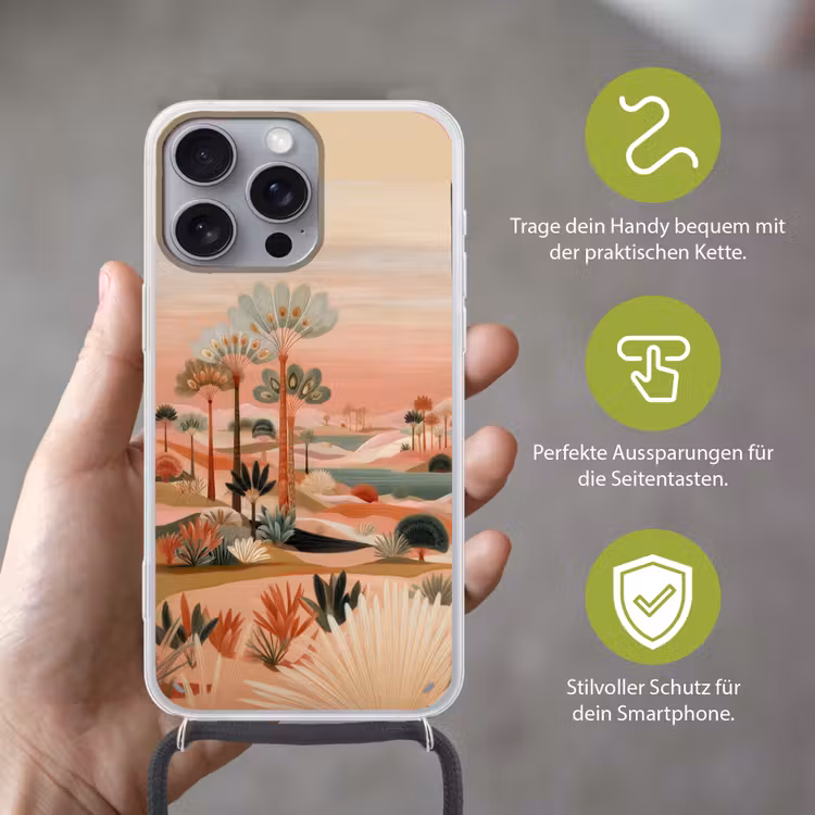 Roze landschap - Palmen - Water Hoesje iPhone 16 Pro Max met koord klein -sfeer2_DE