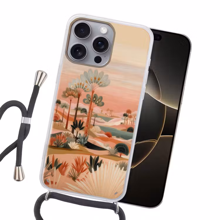 Roze landschap - Palmen - Water Hoesje iPhone 16 Pro Max met koord klein -sfeer1