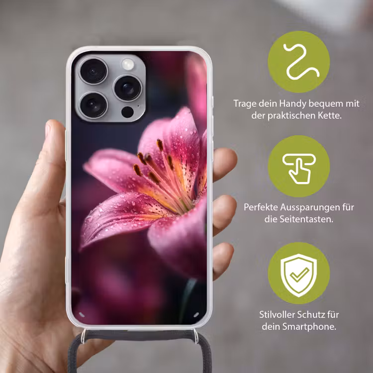 Roze - lelie - Dauwdruppels Hoesje iPhone 16 Pro Max met koord klein -sfeer2_DE