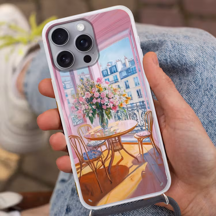 Pink - City - Bloemen Hoesje iPhone 16 Pro Max met koord klein -sfeer3