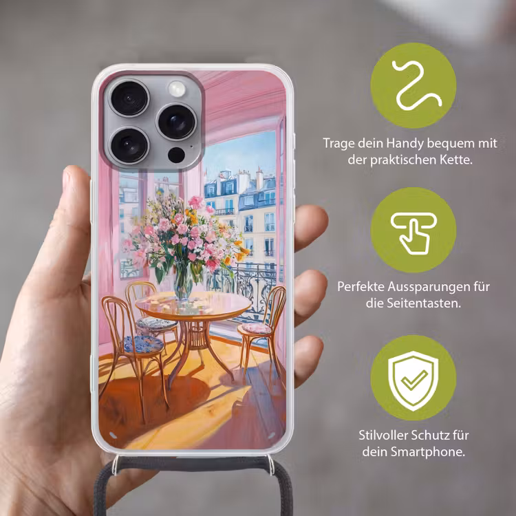 Pink - City - Bloemen Hoesje iPhone 16 Pro Max met koord klein -sfeer2_DE