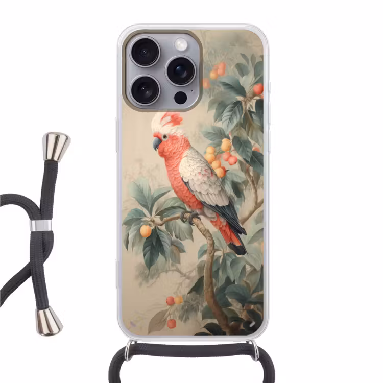 Roze kuifkaketoe - Tak met vruchten - Bladeren Hoesje iPhone 16 Pro Max met koord klein -3d