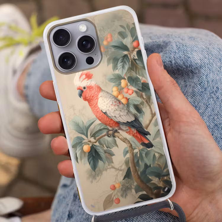 Roze kuifkaketoe - Tak met vruchten - Bladeren Hoesje iPhone 16 Pro Max met koord klein -sfeer3