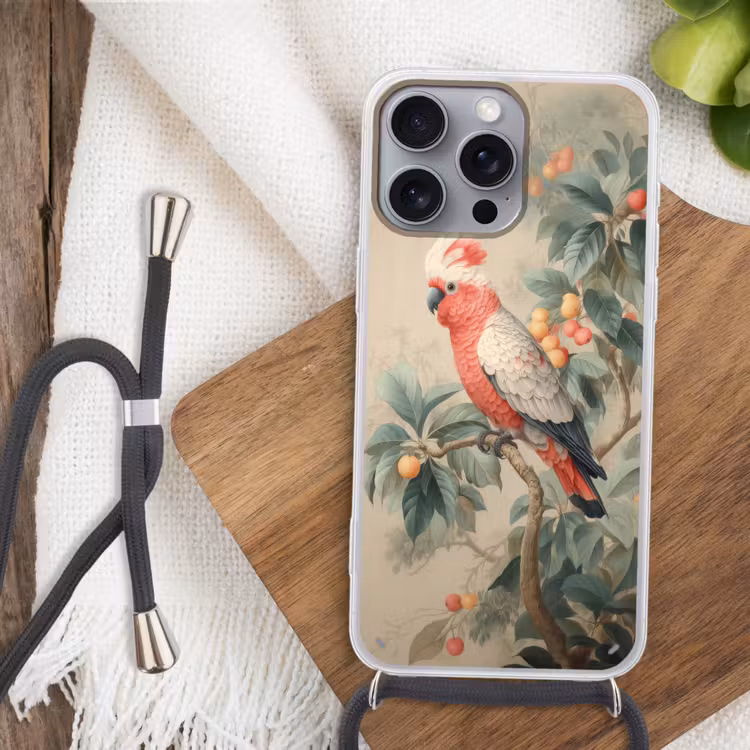 Roze kuifkaketoe - Tak met vruchten - Bladeren Hoesje iPhone 16 Pro Max met koord klein -sfeer4