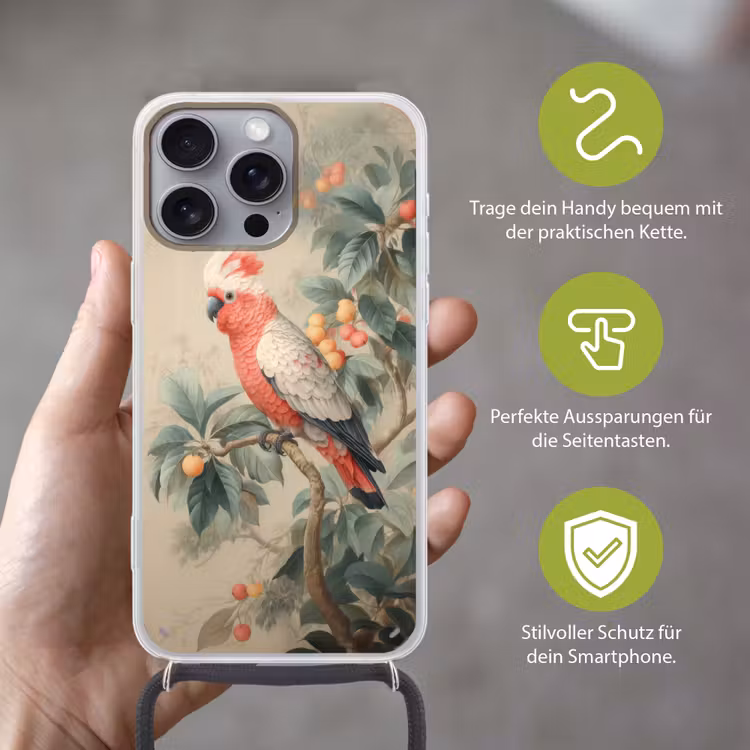 Roze kuifkaketoe - Tak met vruchten - Bladeren Hoesje iPhone 16 Pro Max met koord klein -sfeer2_DE