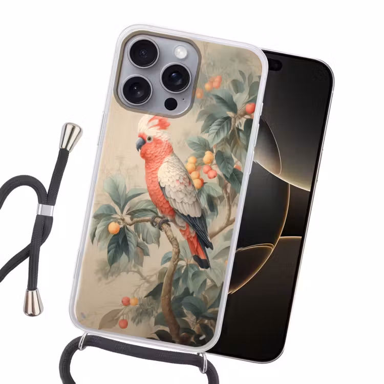 Roze kuifkaketoe - Tak met vruchten - Bladeren Hoesje iPhone 16 Pro Max met koord klein -sfeer1