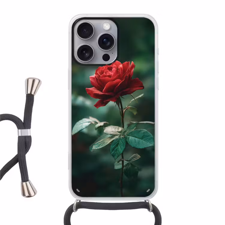 Roos - Bladeren - Dieprood Hoesje iPhone 16 Pro Max met koord klein -3d