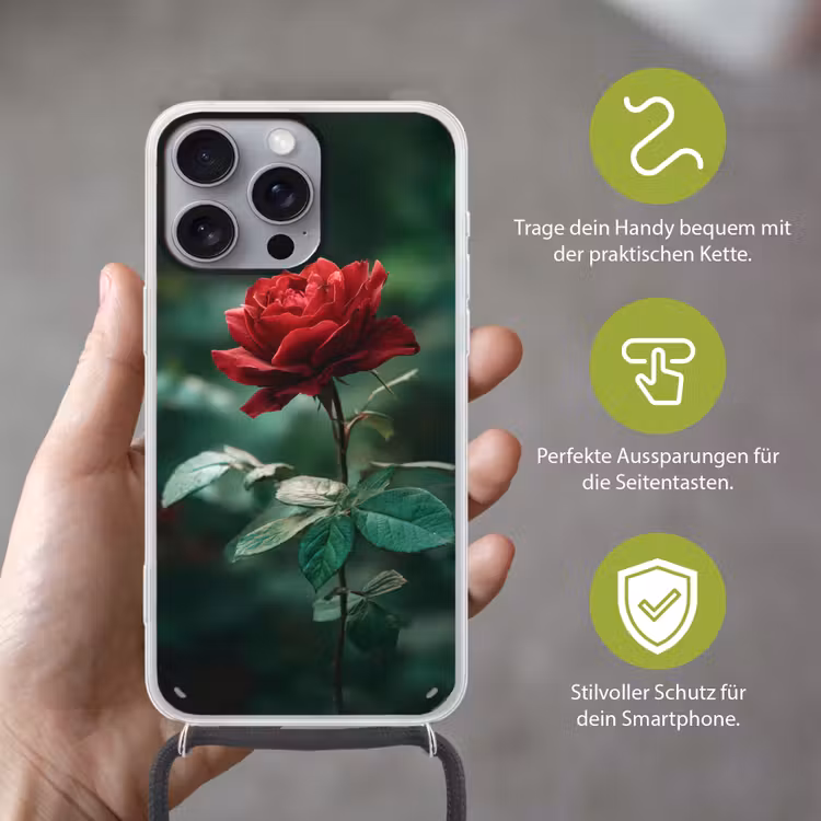 Roos - Bladeren - Dieprood Hoesje iPhone 16 Pro Max met koord klein -sfeer2_DE