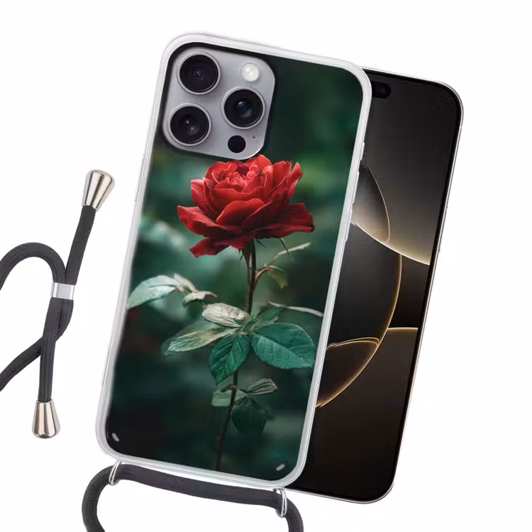 Roos - Bladeren - Dieprood Hoesje iPhone 16 Pro Max met koord klein -sfeer1