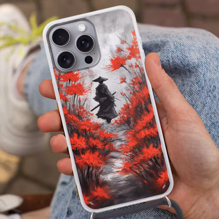 Rode bloemen - mistig - Man Hoesje iPhone 16 Pro Max met koord klein -sfeer3