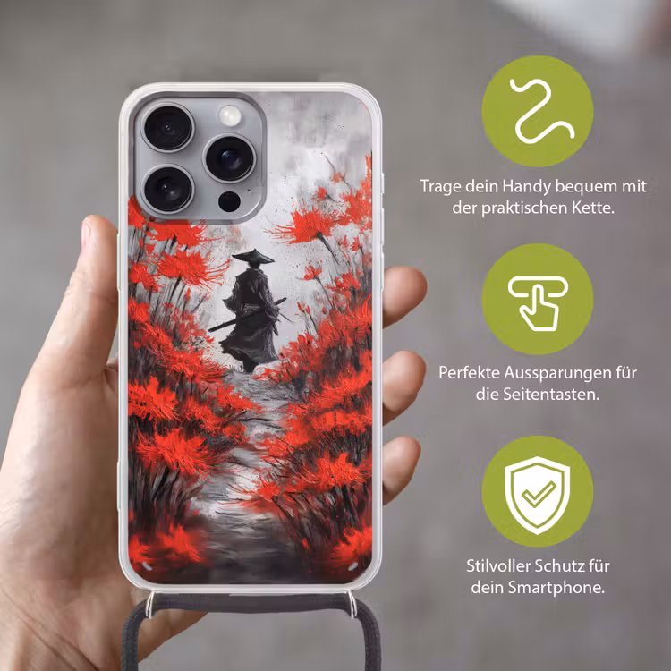 Rode bloemen - mistig - Man Hoesje iPhone 16 Pro Max met koord klein -sfeer2_DE