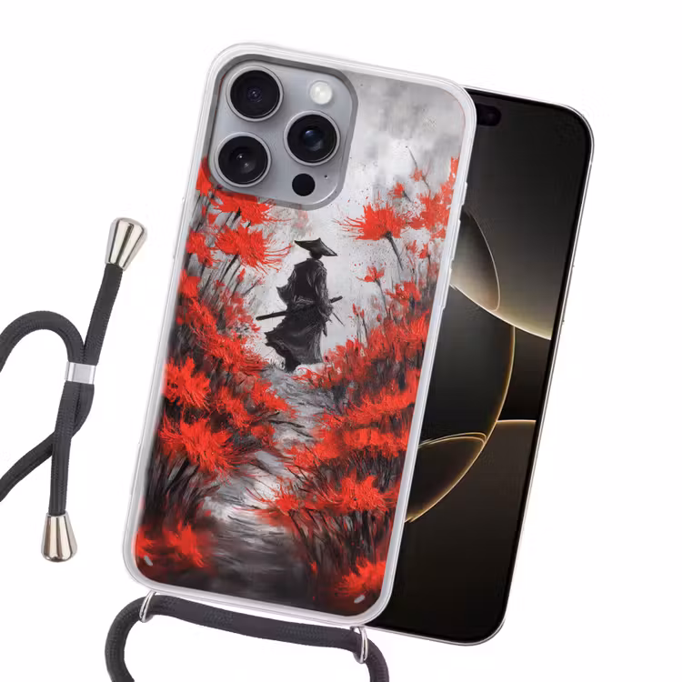 Rode bloemen - mistig - Man Hoesje iPhone 16 Pro Max met koord klein -sfeer1