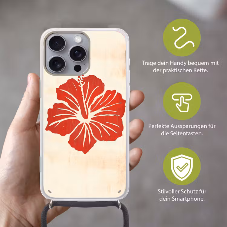 Rode hibiscusbloem - Textuur achtergrond - Beige Hoesje iPhone 16 Pro Max met koord klein -sfeer2_DE