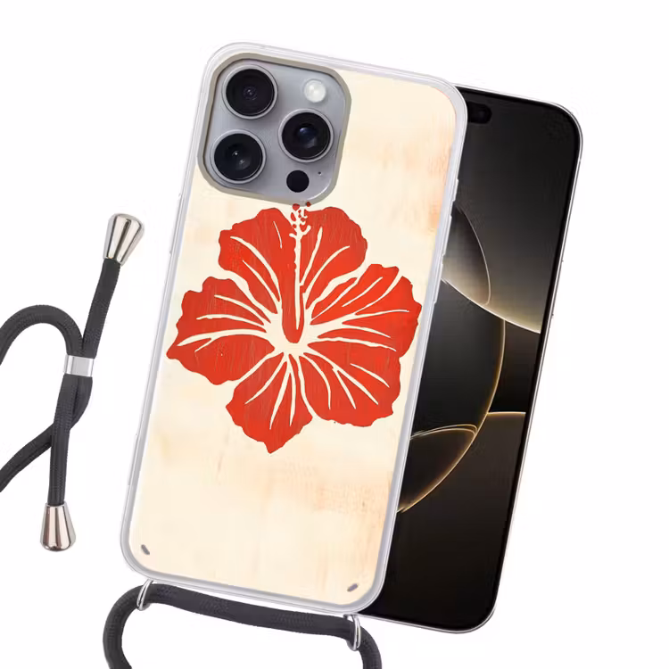 Rode hibiscusbloem - Textuur achtergrond - Beige Hoesje iPhone 16 Pro Max met koord klein -sfeer1