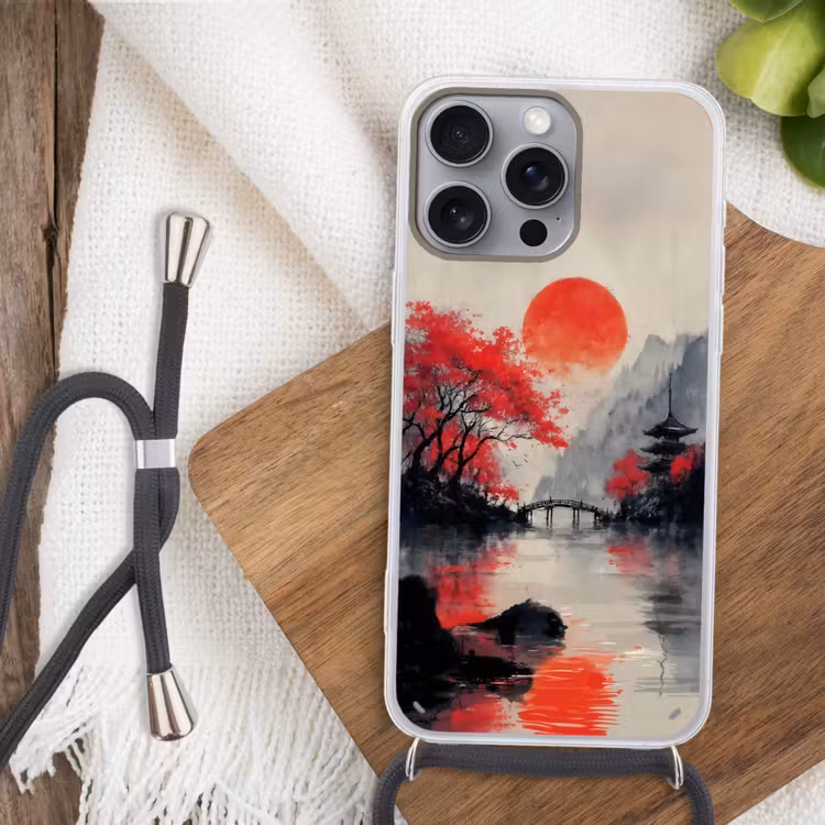 Rode zon - Rivier - brug - Bomen Hoesje iPhone 16 Pro Max met koord klein -sfeer4