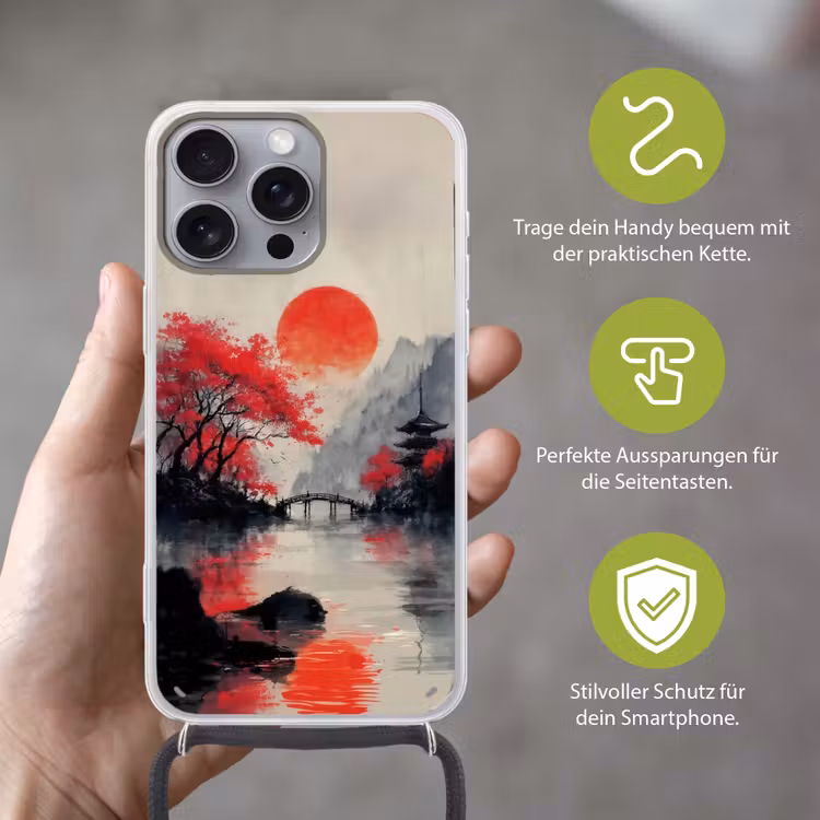 Rode zon - Rivier - brug - Bomen Hoesje iPhone 16 Pro Max met koord klein -sfeer2_DE
