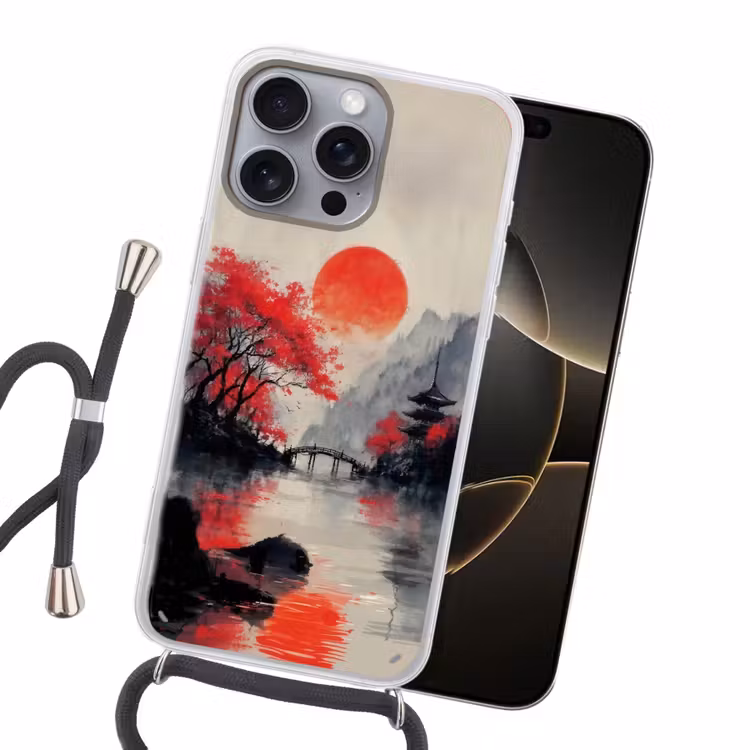 Rode zon - Rivier - brug - Bomen Hoesje iPhone 16 Pro Max met koord klein -sfeer1