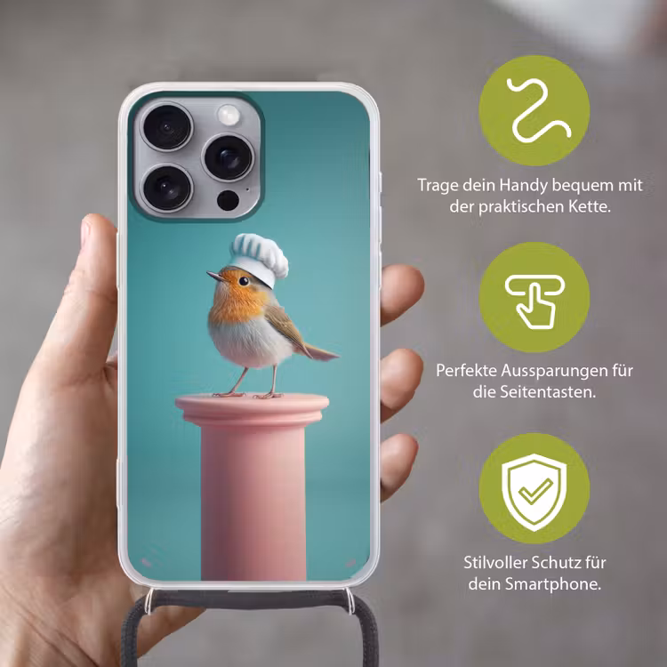 Roodborstje - Vogel - Koksmuts - Sokkel Hoesje iPhone 16 Pro Max met koord klein -sfeer2_DE