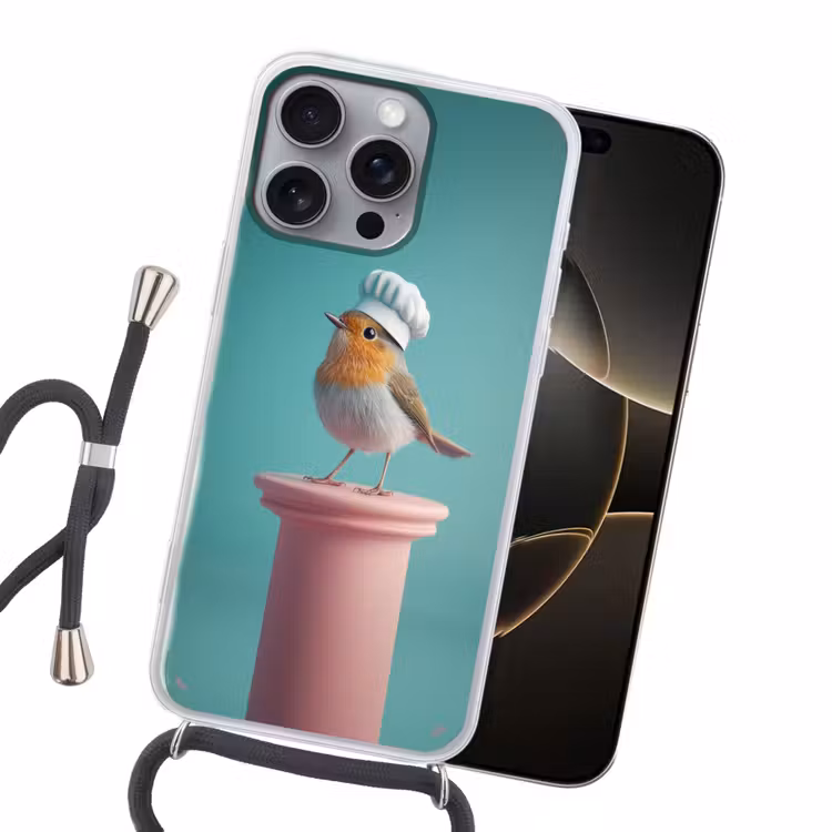 Roodborstje - Vogel - Koksmuts - Sokkel Hoesje iPhone 16 Pro Max met koord klein -sfeer1