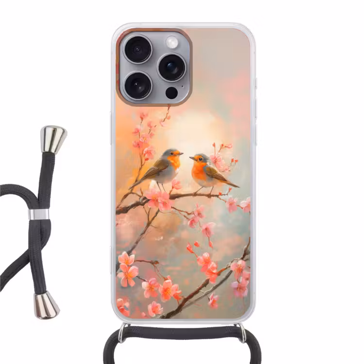 Roodborstjes - Sierlijk - Bloesemtak Hoesje iPhone 16 Pro Max met koord klein -3d