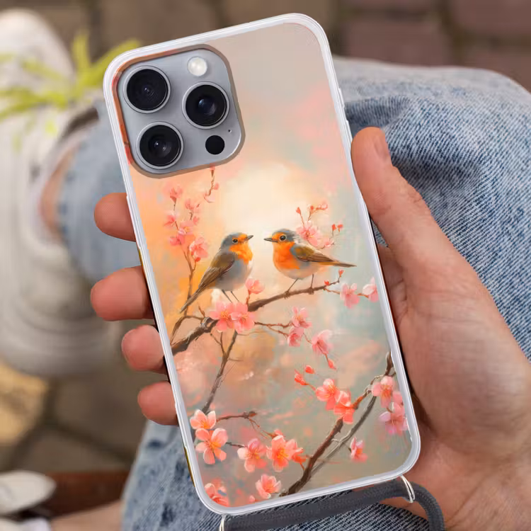 Roodborstjes - Sierlijk - Bloesemtak Hoesje iPhone 16 Pro Max met koord klein -sfeer3
