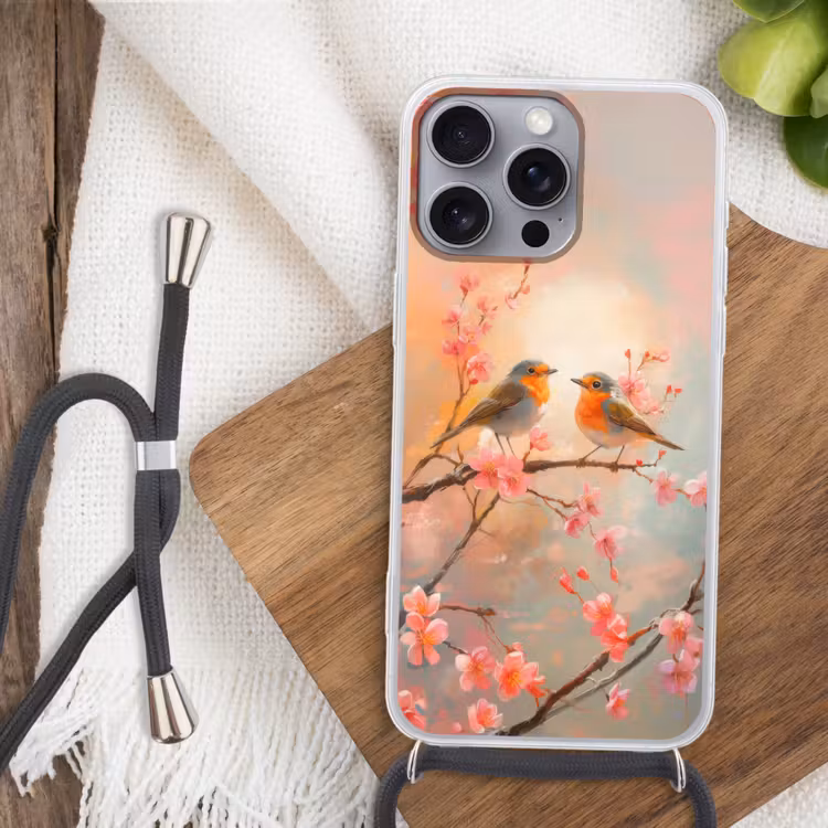 Roodborstjes - Sierlijk - Bloesemtak Hoesje iPhone 16 Pro Max met koord klein -sfeer4