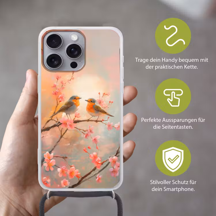 Roodborstjes - Sierlijk - Bloesemtak Hoesje iPhone 16 Pro Max met koord klein -sfeer2_DE