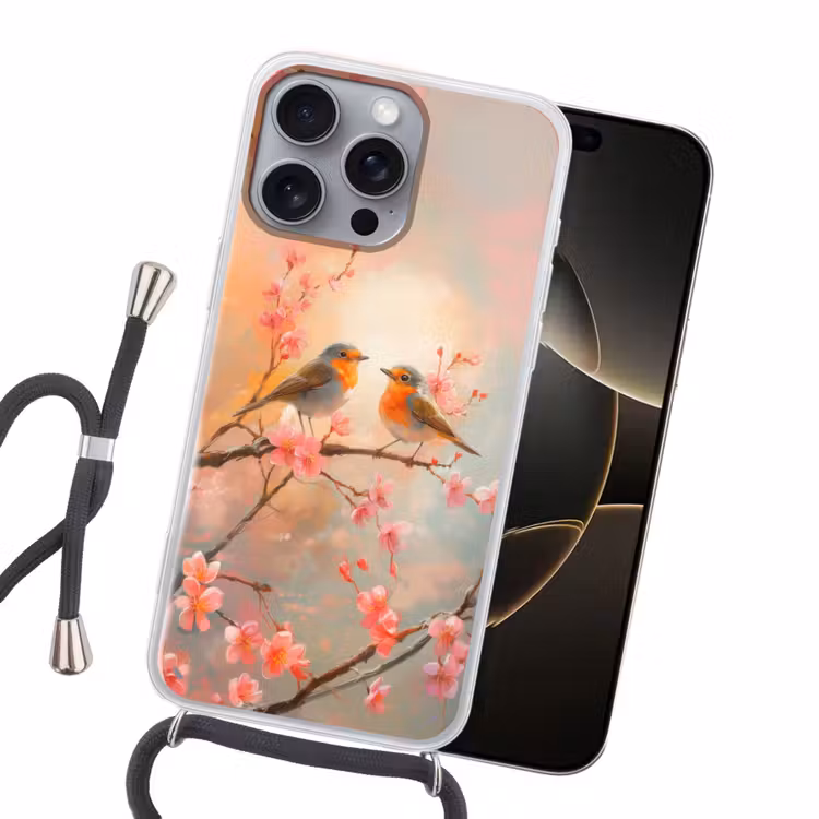 Roodborstjes - Sierlijk - Bloesemtak Hoesje iPhone 16 Pro Max met koord klein -sfeer1