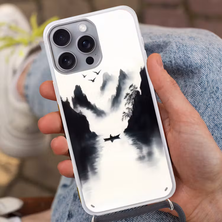 Roeiboot - Mistig - Bergen - Vogels Hoesje iPhone 16 Pro Max met koord klein -sfeer3