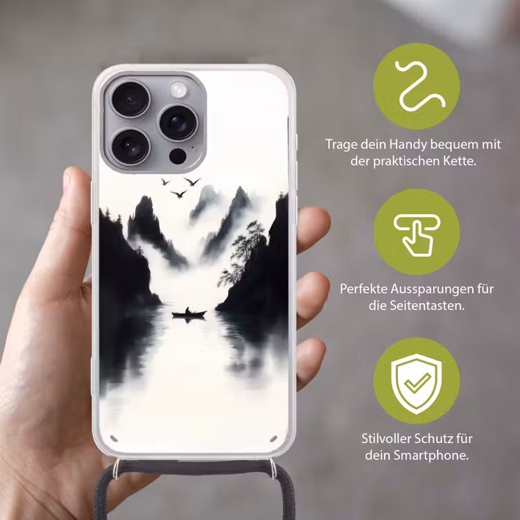 Roeiboot - Mistig - Bergen - Vogels Hoesje iPhone 16 Pro Max met koord klein -sfeer2_DE