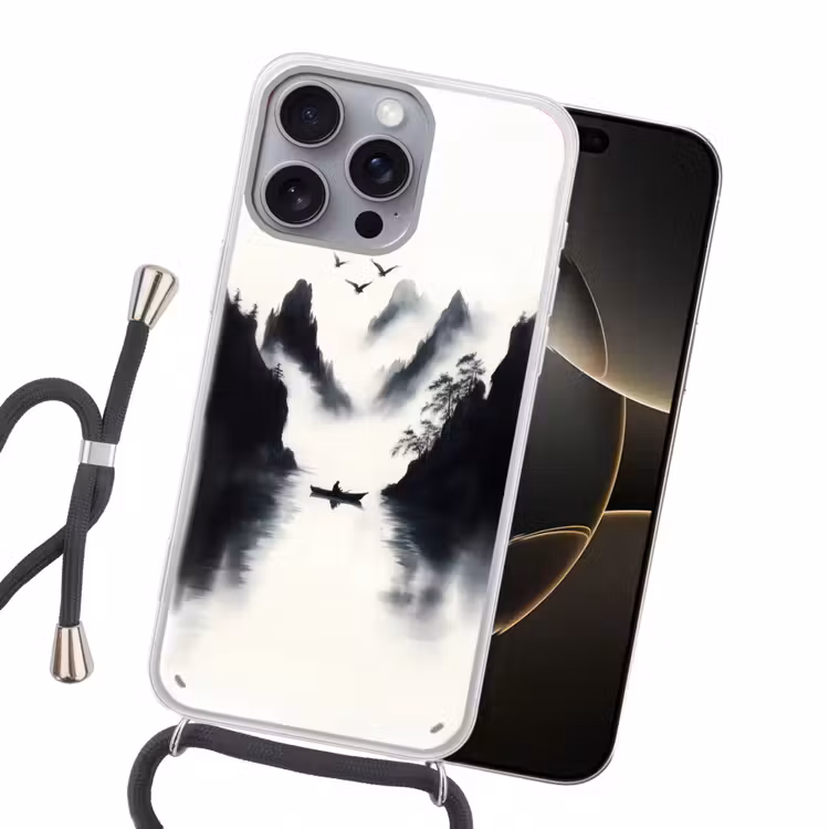 Roeiboot - Mistig - Bergen - Vogels Hoesje iPhone 16 Pro Max met koord klein -sfeer1
