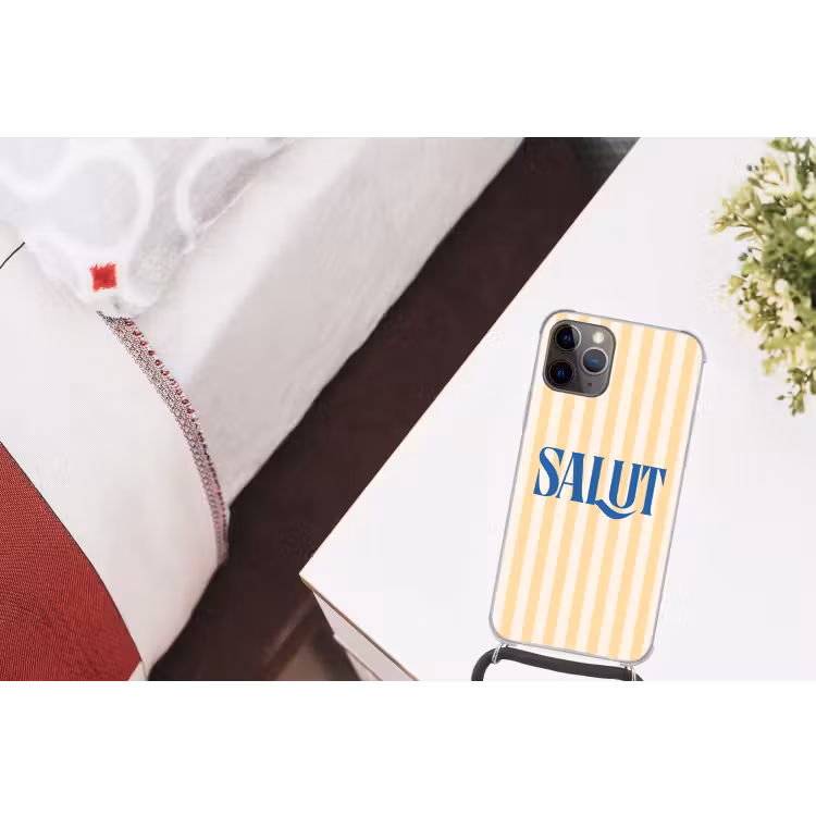 Salut - Quote - Strepen - Geel - Blauw - Wit Hoesje iPhone 12 Pro met koord klein -kamer