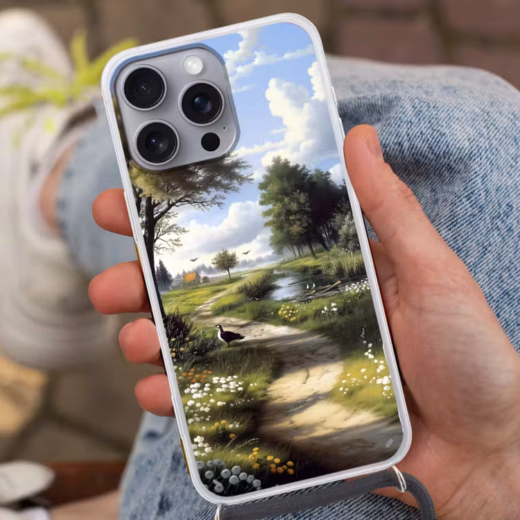 Zandpad - Groen landschap - Water Hoesje iPhone 16 Pro Max met koord klein -sfeer3