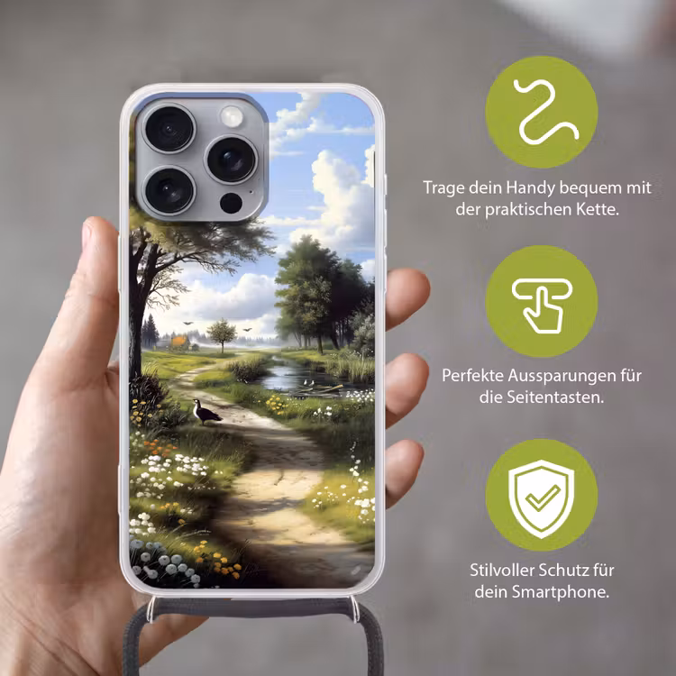 Zandpad - Groen landschap - Water Hoesje iPhone 16 Pro Max met koord klein -sfeer2_DE