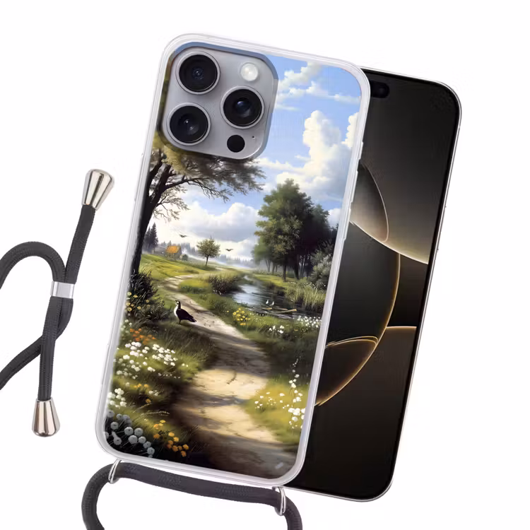 Zandpad - Groen landschap - Water Hoesje iPhone 16 Pro Max met koord klein -sfeer1